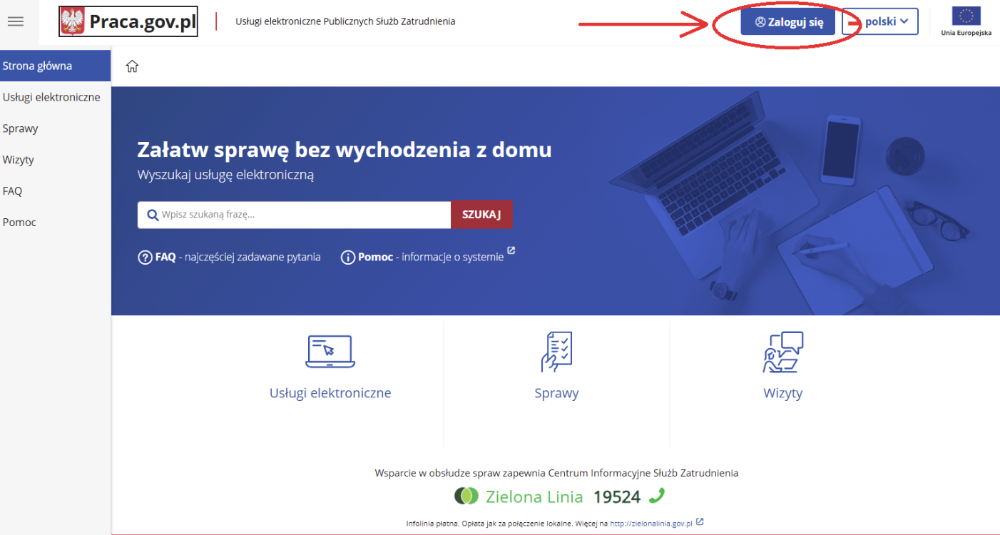 Ekran główny praca.gov.pl i przycisk Zaloguj się