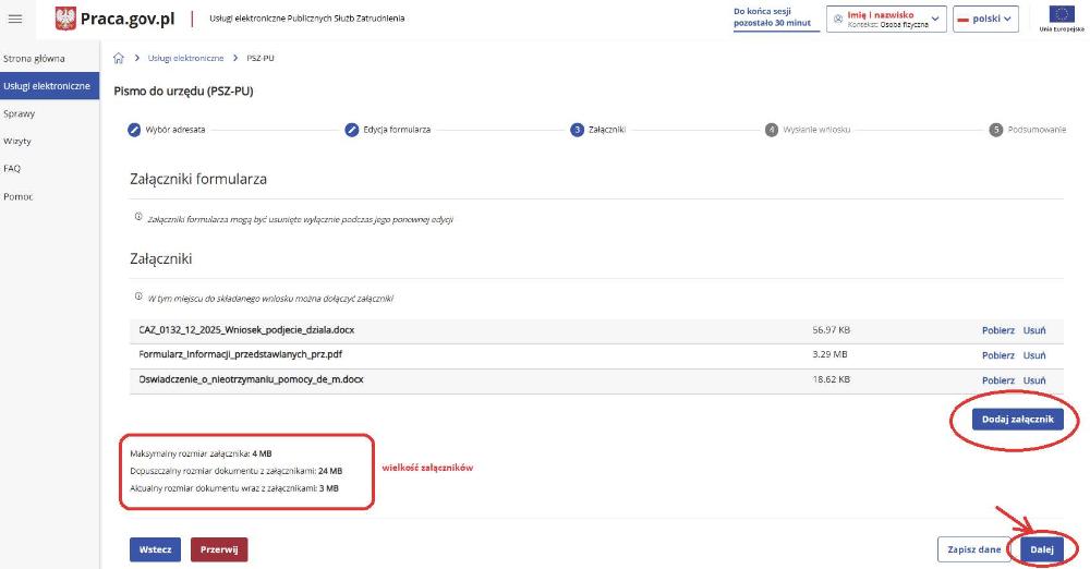 Okno dodawania załączników