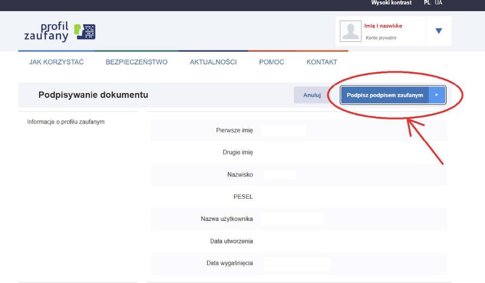 Autoryzacja i podpisanie dokumentu Profilem Zaufanym