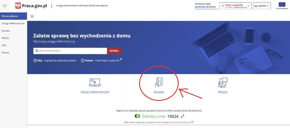 Lokalizacja zakładki Sprawy na stronie głównej