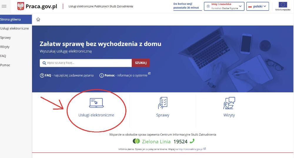 Wybór sekcji Usługi elektroniczne po zalogowaniu
