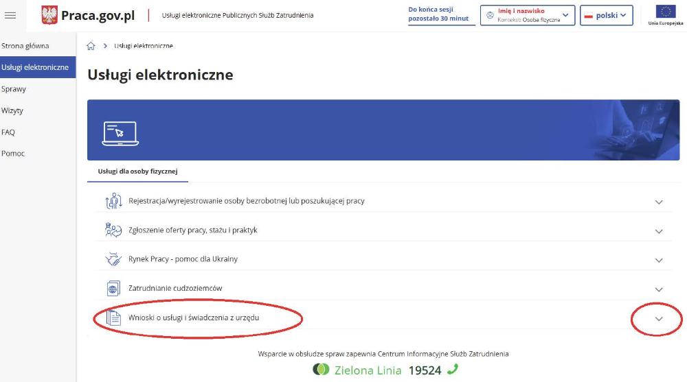 Rozwijanie listy wniosków o usługi i świadczenia